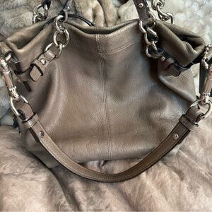 Coach Brooke Taupe Leather Shoulder Bag with Silver-Tone Chain Handles
